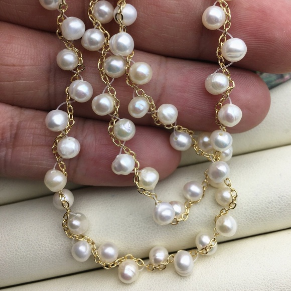 Cultured White Pearl Necklace - 4-5mm pearls - 14K Gold Plate-14 1/2" - 16 1/2" - Picture 3 of 7